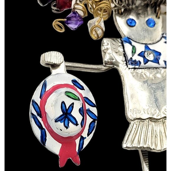 GANZ Carrette Enameled Metal Doll Brooch SHOPPING GIRL Wired Hair Moving Parts - Picture 2 of 5